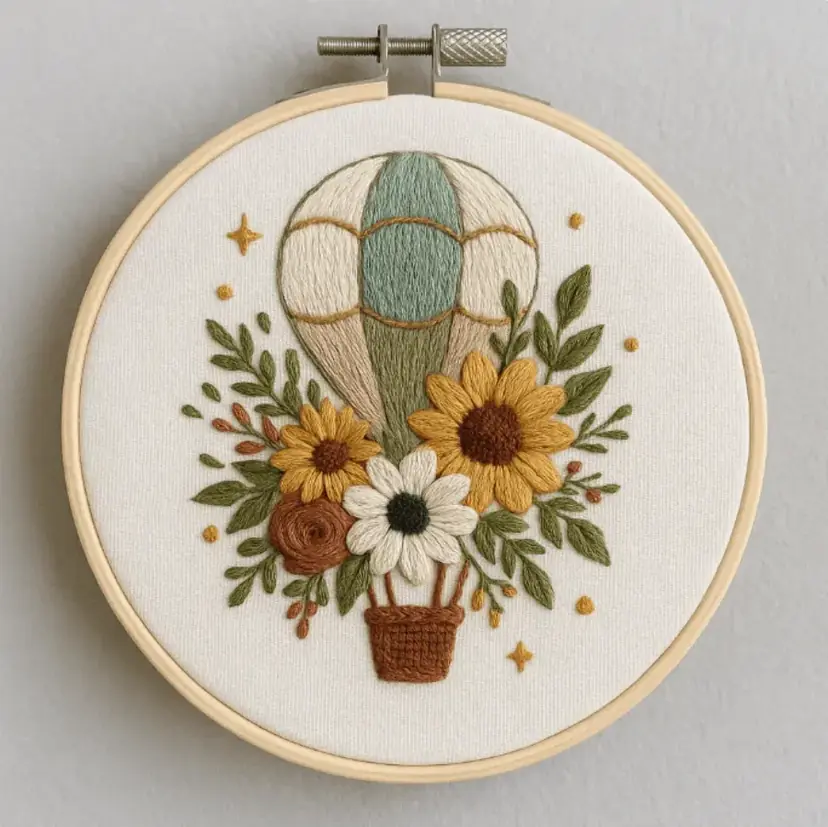 Bordado de globo con girasoles hecho por una alumna de la Academia