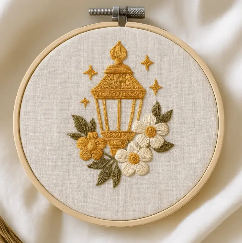 Bordado de farol con flores hecho por una alumna de la Academia